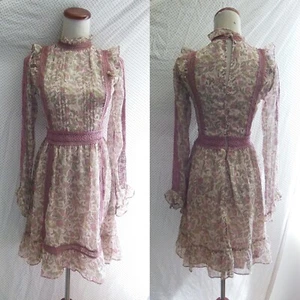NEW TOPSHOP Pink FLORAL Chiffon LACE TRIM Long Sleeve RUFFLE NECK DRESS US 2 - Picture 1 of 9
