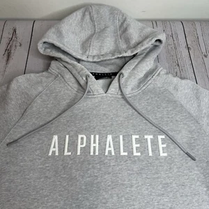 Alphalete Hoodie Hooded Sweatshirt Mens Medium Spell Out Gray Pullover Workout - Picture 1 of 9