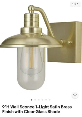 Aplique de pared 9"H acabado latón satinado de 1 luz con pantalla de vidrio transparente Foto 1 de 4