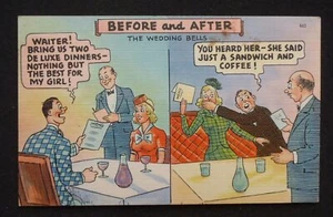 1940s Comic Before and After the Wedding Bells Cheap Guy Pretty Blonde Postcard - Picture 1 of 1