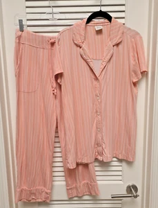 SOMA Cool Nights Pajama S Set Coral/White Cropped Short Sleeve Womens - Picture 1 of 16