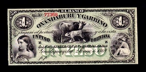 Banco Oxandaburu y Garbino 1 Pesos Bolivianos 1869 Argentina P-S1782r AU+ - Picture 1 of 2