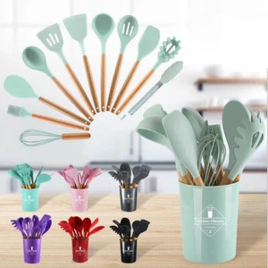 Set Utensili Cucina Silicone 12pz Utensili Spatola Antiaderente Manico Legno - Foto 1 di 18