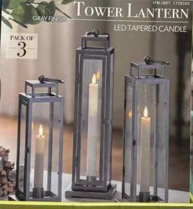 Evergreen LED Tapered Candle Tower Lantern, 3 Count (Gray Finish) - Picture 1 of 7