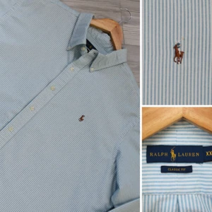 Camisa Ralph Lauren Para Hombre 2XL Azul A Rayas Carne Pony Logo Preppy Botón Frontal - Imagen 1 de 7