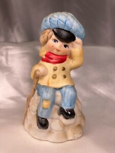 1978 Jasco Merri Bells Boy With Cane Sitting On Rock Pile Bell Bisque Porcelain