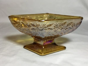 Vtg Carnival Glass Indiana Glass Diamond Shape Compote ~Amber Pineapple & Floral - Picture 1 of 7