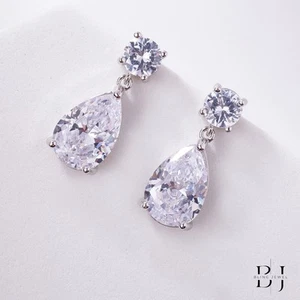 Moissanite Drop Dangle Wedding earrings Solid 14 White Gold Pear Cut 2 CT Each - Picture 1 of 8