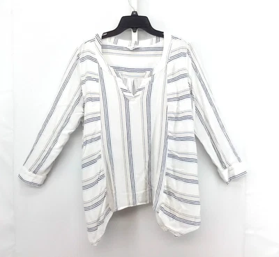 Camisa Coral Bay para mujer talla 1X túnica blanca a rayas mangas con lengüeta enrollable cuello en V dividido Foto 1 de 4