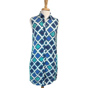 Vestido Anthropologie HATLEY Azul Teal Estampado Diamante Abotonado Sin Mangas Lyocel - Imagen 1 de 7