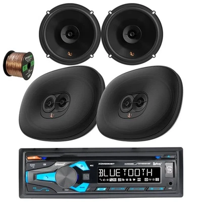 Dual 1DIN Bluetooth Receiver 2x 6.5" 150W, 6x9" 180W Car Speakers + Speaker Wire - Image 1 of 4