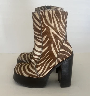 Y2K Steve Madden Wayne Zebra Calf-Hair Square Toe Chunky Platform Boots 8 Bratz - Image 1 of 4