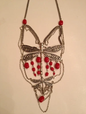 New Lucky Brand Silvertone Dragonfly w/ Red Cabochon Stones Necklace.. NWT. - Image 1 of 2