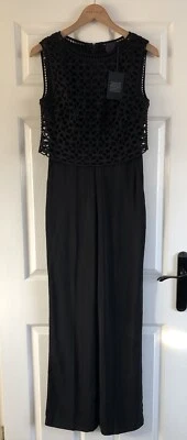 COMO NUEVO Lujo Damas Impresionante Mono Negro Pierna Ancha Encaje Talla 8 **NUEVO**RRP£199 Foto 1 de 4