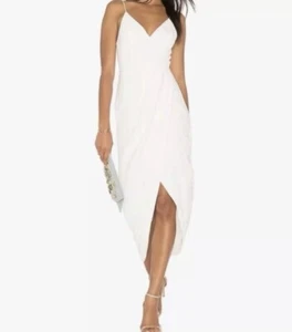 NWT Aigeman Women's Faux Wrap White Satin Midi Dress Spaghetti Strap High Slit L - Picture 1 of 6