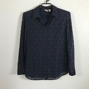 Chico's Blouse Size 1 Lined Lace Long Sleeve Floral Dark Navy Blue Button Up