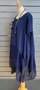 10-18 ITALIAN Lagenlook Floaty Summer Tunic SILK & VISCOSE NAVY 48"B - Picture 1 of 5