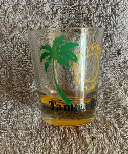 Tampa Bay FL Clear Shot Glass Shotglass, Palm Tree, Sun, Ever'Joy, Yellow Bottom - Picture 1 of 3