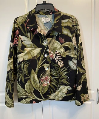 Hermosa Chaqueta de Algodón Negra Norm Thompson Floral/Hoja Talla M Botón Frontal Foto 1 de 4