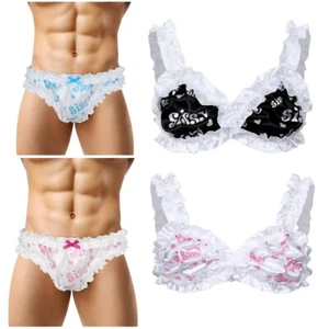 Reggiseno uomo raso setoso top slip super ragazza sissy lingerie con volant intimo - Foto 1 di 34