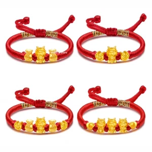 Real Pure 24k Yellow Gold Bracelet 3D Dragon Zodiac Lucky Yuabao Bag Red String - Picture 1 of 7