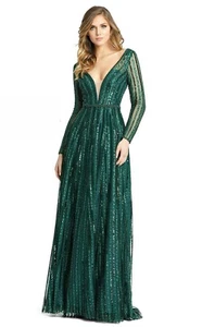 MAC DUGGAL Size 8 Emerald Green Plunging Striped Sequin Long-Sleeve Gown $698 - Picture 1 of 10