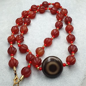 Vintage afrikanischer Karneol LukMik Ziegenauge tibetischer Achat Anhänger Halskette - Bild 1 von 16