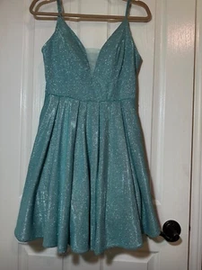B DARLIN JUNIORS 13/14 AQUA GLITTER MESH INSET SHORT PROM PARTY DRESS - Picture 1 of 7