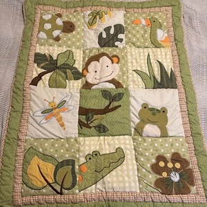 Baby Crib Blanket Quilt Handmade 40 x 32 Green Animal Jungle Print - Picture 1 of 2