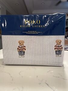 NEW Ralph Lauren POLO BLUE STRIPE Cotton Boy Teddy Bear 4 PC KING Sheet Set