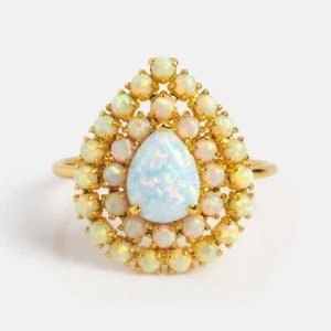 White Fire Opal Wedding Ring Unique Pear Cut Opal Yellow Gold Halo Wedding Ring - Picture 1 of 4