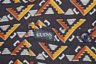 Vintage Leisure Shirt Guess Size L 80s Black Orange Yellow Shapes Rayon Made USA - Image 1 of 4
