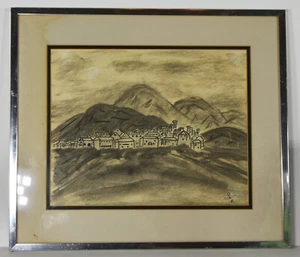 13" Vintage Framed Pencil Drawing Village Scene Houses Landscape Signed DLP Art - Picture 1 of 6