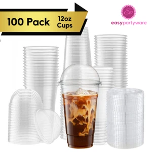 100 Pack 12oz Plastic Smoothie Milkshake Disposable Cups & Lids Reusable - Picture 1 of 5