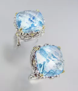 Designer Stil Silber Gold Balinesische Filigran Hellblau Topas Kristall Ohrringe - Bild 1 von 3
