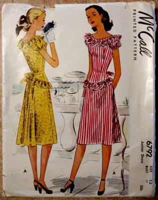 Vintage Year 1946 McCall 6792 Junior Dress Sewing Pattern UNCUT Size 13 Bust 31 - Image 1 of 4