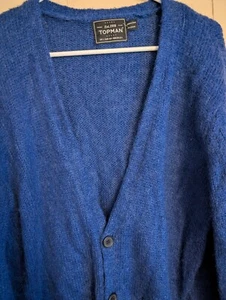 Mens Topman Angora Cardigan Sweater Size Large Royal Blue Y2K BOHO Grandpacore - Picture 1 of 12