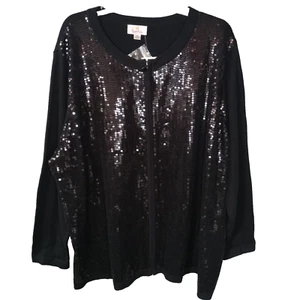 Quacker Factory Black Sequin Cardigan Zip Jacket Plus 3X Party Sweater Glam NEW - Picture 1 of 19