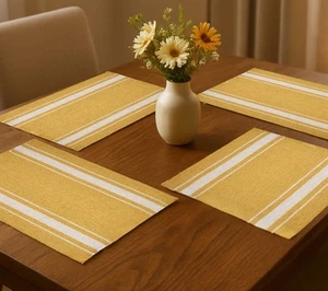 19" Set of Four Yellow And White Striped Cotton Placemats - Picture 1 of 6