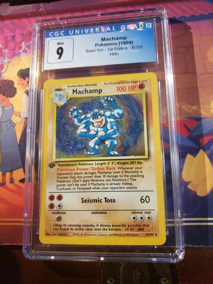 CGC 9 MINT Machamp 1999 Base Set 1st Edition 8/102 Cosmos Holo Pokemon  - Image 1 of 2