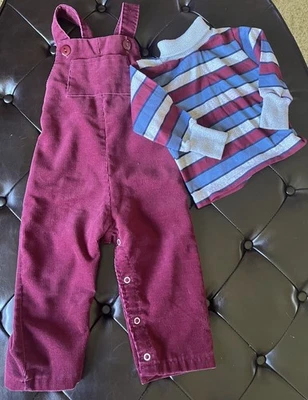 Vintage 2T Toddler Outfit Maroon Corduroy Overalls & Striped Shirt Health-Tex - Image 1 of 4