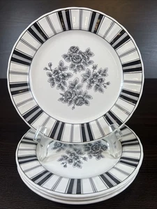 4 Waverly Garden Room Black Flowers & Stripes 8” Salad Plates - Picture 1 of 9