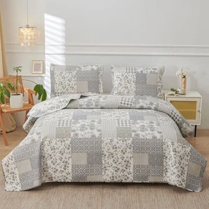 Grey White Floral Plaid Quilt Full/Queen Size Lightweight Patchwork Bedspread... - Picture 1 of 7