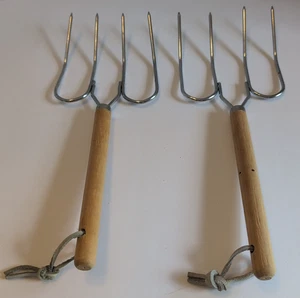 (2) Vintage Meat Lifter 4 Prong Forks Stainless with Wood Handles Taiwan 11" - Picture 1 of 9