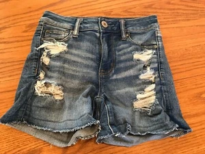American Eagle Womens Hi Rise Shortie Blue Denim Deconstructed Shorts Size 0 EUC - Picture 1 of 3