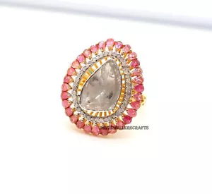 Ruby Gemstone & Pave Diamond 925 Sterling Silver Rose Cut Polki Ring Gold Plated - Picture 1 of 8
