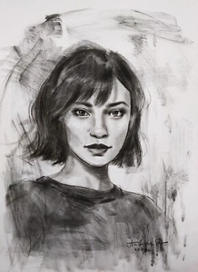 Dibujo en papel A3 blanco y negro Retrato de una niña Hecho a mano Signatu de artista - Imagen 1 de 5