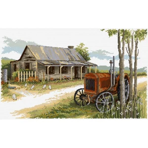 Old Tractor Cottage cross stitch chart, optional Zweigart aida & DMC thread - Picture 1 of 1