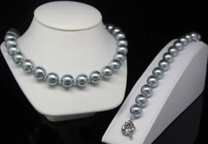 14mm Silver Gray SOUTH SEA SHELL PEARL Round NECKLACE 18" Bracelets 7.5'' set - Picture 1 of 6