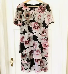 SLNY Floral Tiered Dress Size 8 Black Gray Pink Back Zip Party Cocktail Wedding - Picture 1 of 12